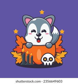 Cute wolf in halloween pumpkin. Cute halloween cartoon illustration. 