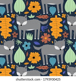 Patrón sin costuras de vectorina plana dibujada a mano por lobo. Animal forestal adorable con hojas y flores sobre fondo azul. Diseño infantil creativo para impresión