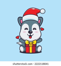 Cute wolf happy with christmas gift. Cute christmas cartoon illustration. 