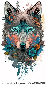 Cute wolf head in flowers