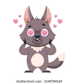 Cute Wolf With Hearts In Eyes Cartoon Vector Illustration. Excited Animal In Love Standing On White Background, Holding Head With Paws Wildlife Animal, Predator, Love Concept