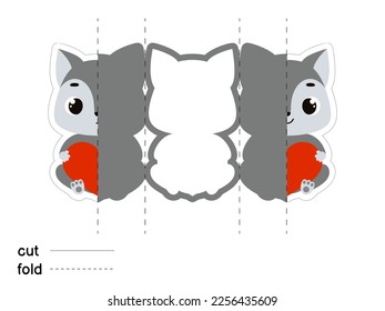 Cute wolf hold heart. Fold long greeting card template. Great for St. Valentine day, birthdays, baby showers. Printable color scheme. Print, cut out, fold. Vector stock illustration.