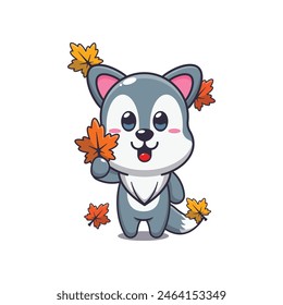 Cute wolf holding autumn leaf. Mascot cartoon vector illustration suitable for poster, brochure, web, mascot, sticker, logo and icon.