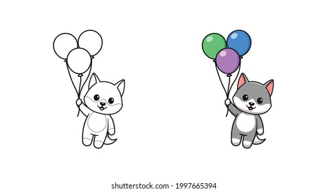 Cute wolf holding balloon cartoon coloring pages for kids