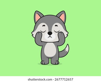 Cute Wolf Holding Head Pose – Flat Vector Cartoon Illustration of a Wolf Character.