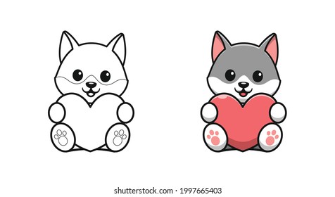 Cute wolf holding love cartoon coloring pages for kids