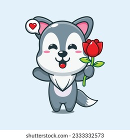 cute wolf holding rose flower cartoon vector illustration.