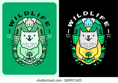 Cute wolf holding tree doodle illustration for poster, sticker, or apparel merchandise.With vaporwave/synthwave style, aesthetics of 80s.