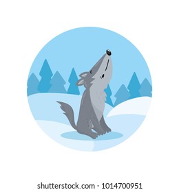 Cute wolf howling on the background of winter landscape vector Illustration, cartoon style