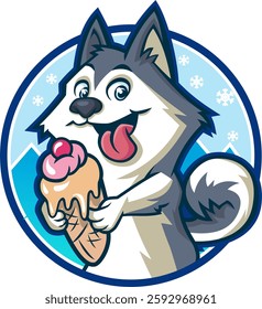 cute wolf with ice cream cartoon vector illustration. Abstract luxury Wolf head theme, vector sharp illustration, lynx simple mascot logo and t-shirt design. Format HD. EPS 10