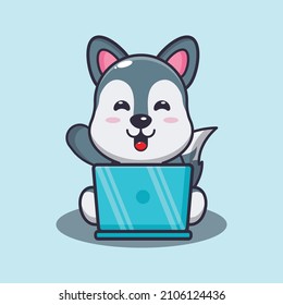 Cute wolf with laptop cartoon vector illustration