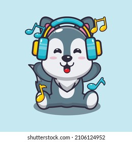 Cute wolf listening music with headphone cartoon vector illustration