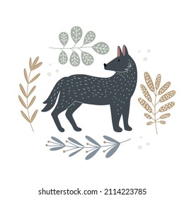 Cute wolf looking around in forest grass, Scandinavian style isolated hand drawn vector clipart