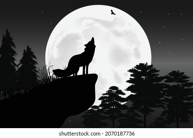 cute wolf and moon silhouette