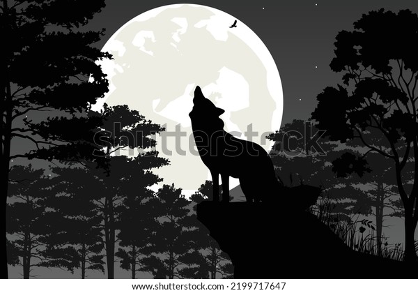 cute wolf and moon\
silhouette landscape