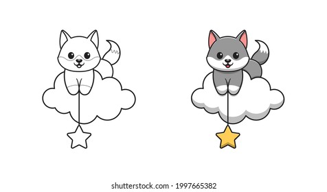 Cute wolf on cloud cartoon coloring pages for kids