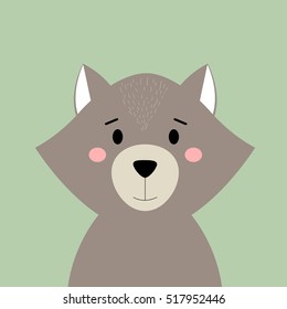 Cute wolf on color background. Wild animal.  Flat design.Vector Illustration.