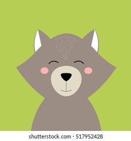 Cute wolf on green background. Wild animal.; Flat design.Vector Illustration.