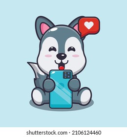 Cute Wolf mit Telefonkarikatur, Vektorgrafik