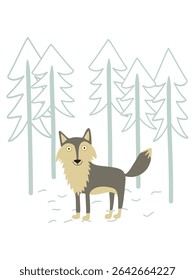 Cute wolf in pine forest, vector illustration for kids poster