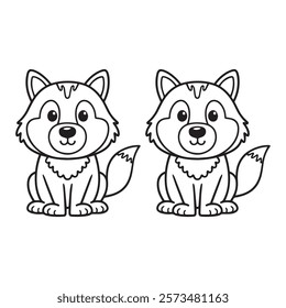 A cute wolf with a playful expression, outlined in black, drawn as an outline sketch, only black lines, no colors, simple and clean for a children's coloring book.