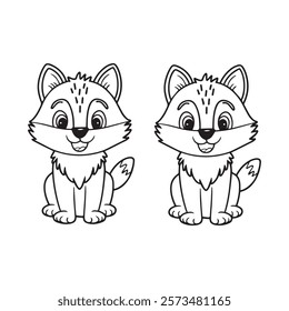 A cute wolf with a playful expression, outlined in black, drawn as an outline sketch, only black lines, no colors, simple and clean for a children's coloring book.