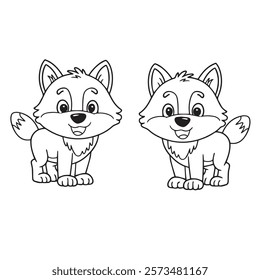 A cute wolf with a playful expression, outlined in black, drawn as an outline sketch, only black lines, no colors, simple and clean for a children's coloring book.