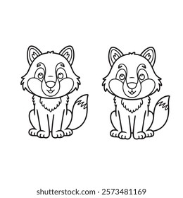 A cute wolf with a playful expression, outlined in black, drawn as an outline sketch, only black lines, no colors, simple and clean for a children's coloring book.