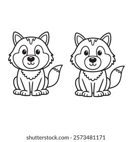 A cute wolf with a playful expression, outlined in black, drawn as an outline sketch, only black lines, no colors, simple and clean for a children's coloring book.