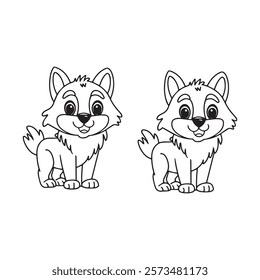 A cute wolf with a playful expression, outlined in black, drawn as an outline sketch, only black lines, no colors, simple and clean for a children's coloring book.