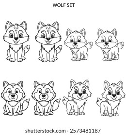 A cute wolf with a playful expression, outlined in black, drawn as an outline sketch, only black lines, no colors, simple and clean for a children's coloring book.