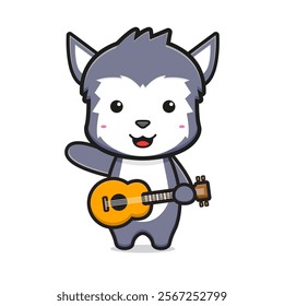 Cute wolf playing guitar character cartoon icon illustration. Design isolated flat cartoon style