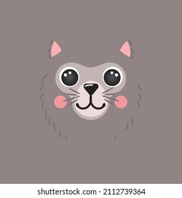 Cute wolf portrait square smile head cartoon round shape animal face, isolated vector icon illustration. Flat avatar mascot simple hand drawn for kids poster, app UI cards, t-shirts, baby clothes