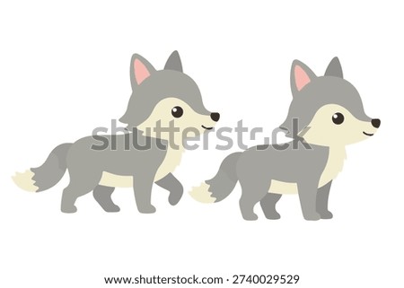 Cute Wolf Pup Character Set, Kawaii Grey Wolf Vector Illustration in Walking and Standing Poses, Adorable Forest Animal Mascot for Children and Education