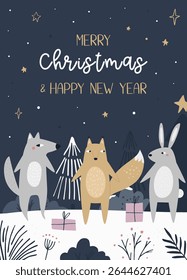 Cute Wolf, Rabbit and Squirrel Christmas Card in Winter Forest. Perfect for seasonal designs, holiday cards, childrens illustrations, and winter-themed projects.