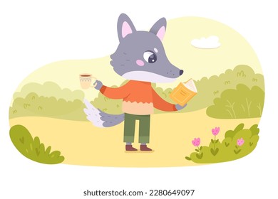 Cute wolf reading book outdoor vector illustration. Cartoon forest hipster character holding cup of coffee and open paper book in paws to read and enjoy fairy tale, adventure literature from library.
