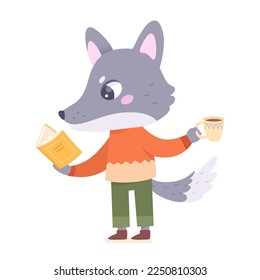 Cute wolf reading book vector illustration. Cartoon isolated forest hipster character holding cup of coffee and open paper book in paws to read and enjoy fairy tale, adventure literature from library