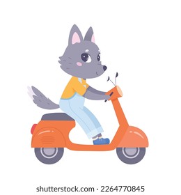 Un lobo cortado en la ilustración del vector de la motocicleta roja. Caricatura graciosa bebé chofer sentado en el vehículo y conduciendo, feliz salvaje jinete del transporte de la ciudad, pequeño lobo adorable con cola de piel y patas