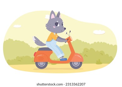 Cute wolf riding red scooter in park vector illustration. Cartoon baby animal driver sitting on vehicle and driving, happy wild rider of city transport, little adorable wolf with fur tail and paws.