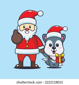Cute wolf with santa claus. Cute christmas cartoon illustration. 