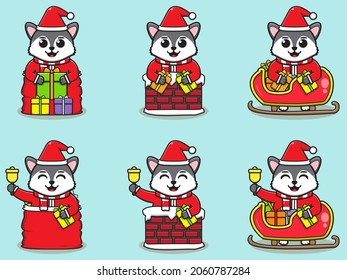 Cute Wolf Santa Claus vector illustration. Vector illustration isolated on light blue background. Good for icon, label, sticker, clipart.