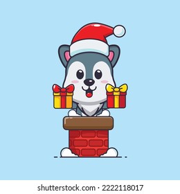 Cute wolf with santa hat in the chimney. Cute christmas cartoon illustration. 