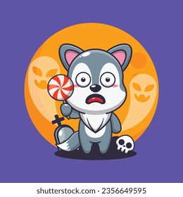 Cute wolf scared by ghost in halloween day. Cute halloween cartoon illustration. 