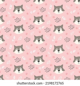 Cute wolf Seamless pattern. Cartoon Animals in forest background. Vector illustration.