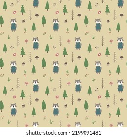 Cute wolf Seamless pattern. Cartoon Animals in forest background. Vector illustration.