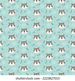 Cute wolf Seamless pattern. Cartoon Animals in forest background. Vector illustration.