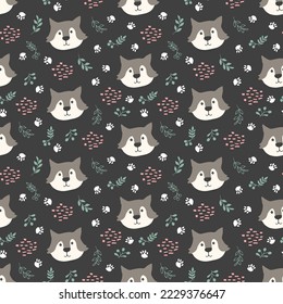 Lindo lobo Seamless patrón. Caricatura Animales en el fondo del bosque. Ilustración vectorial.