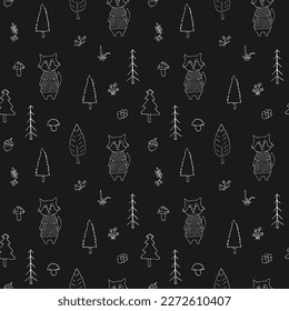 Cute wolf Seamless pattern. Cartoon Animals in forest background. Vector illustration.