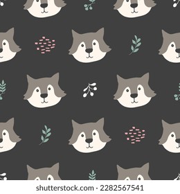 Cute wolf Seamless pattern. Cartoon Animals in forest background. Vector illustration.