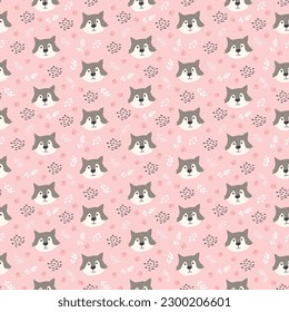 Cute wolf Seamless pattern. Cartoon Animals in forest background. Vector illustration.